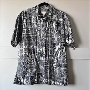 Cooke Street Button Down Shirt Mens Medium Black White Tribal Angelfish Hawaiian